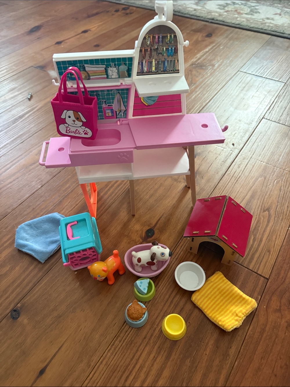 Doll house vet set  -  Pink and Red Pet Care Playset with Accessories